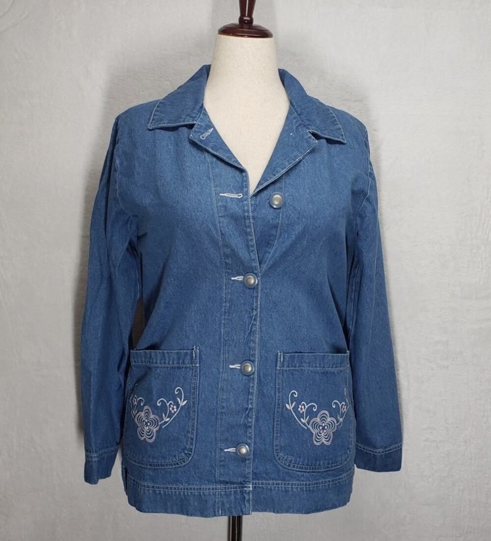Vtg 90s Tudor Court Denim Jacket M Western Boho Cottagecore Oversized Boxy Fit